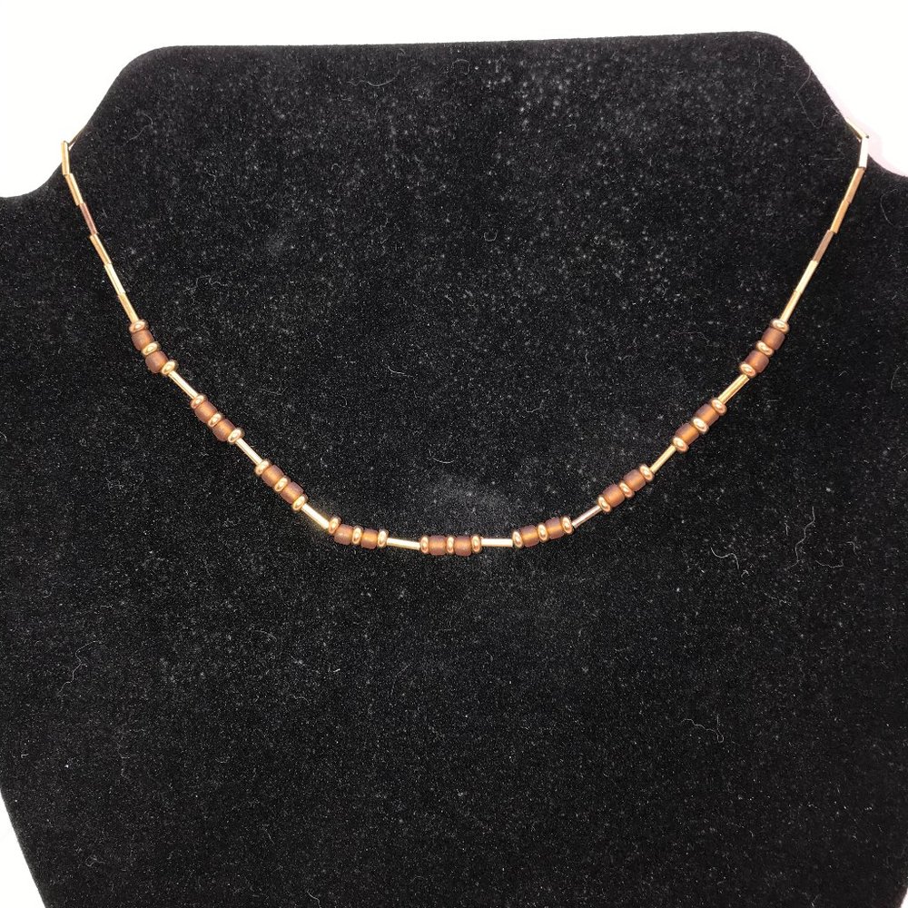 15" Golden Tube Seed Beads And Gold Beaded Necklace